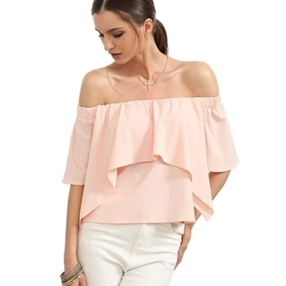 Blush Romantic Ruffled Overlay Split Sleeve Off Shoulder Blouse - Picture 1 of 7